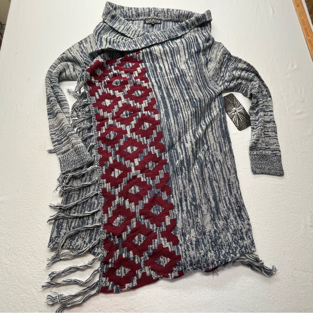 ALMOST FAMOUS Cowl Neck Open Cardigan Aztec Pattern Fringe Women's Large NWT